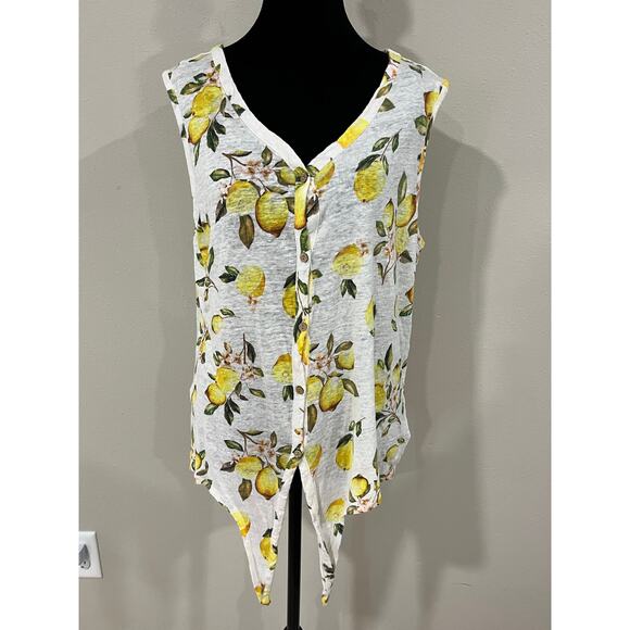 Cynthia Rowley Sz XL 100% Linen Lemon Print Top Euro Summer Coastal Grandma - Picture 2 of 9